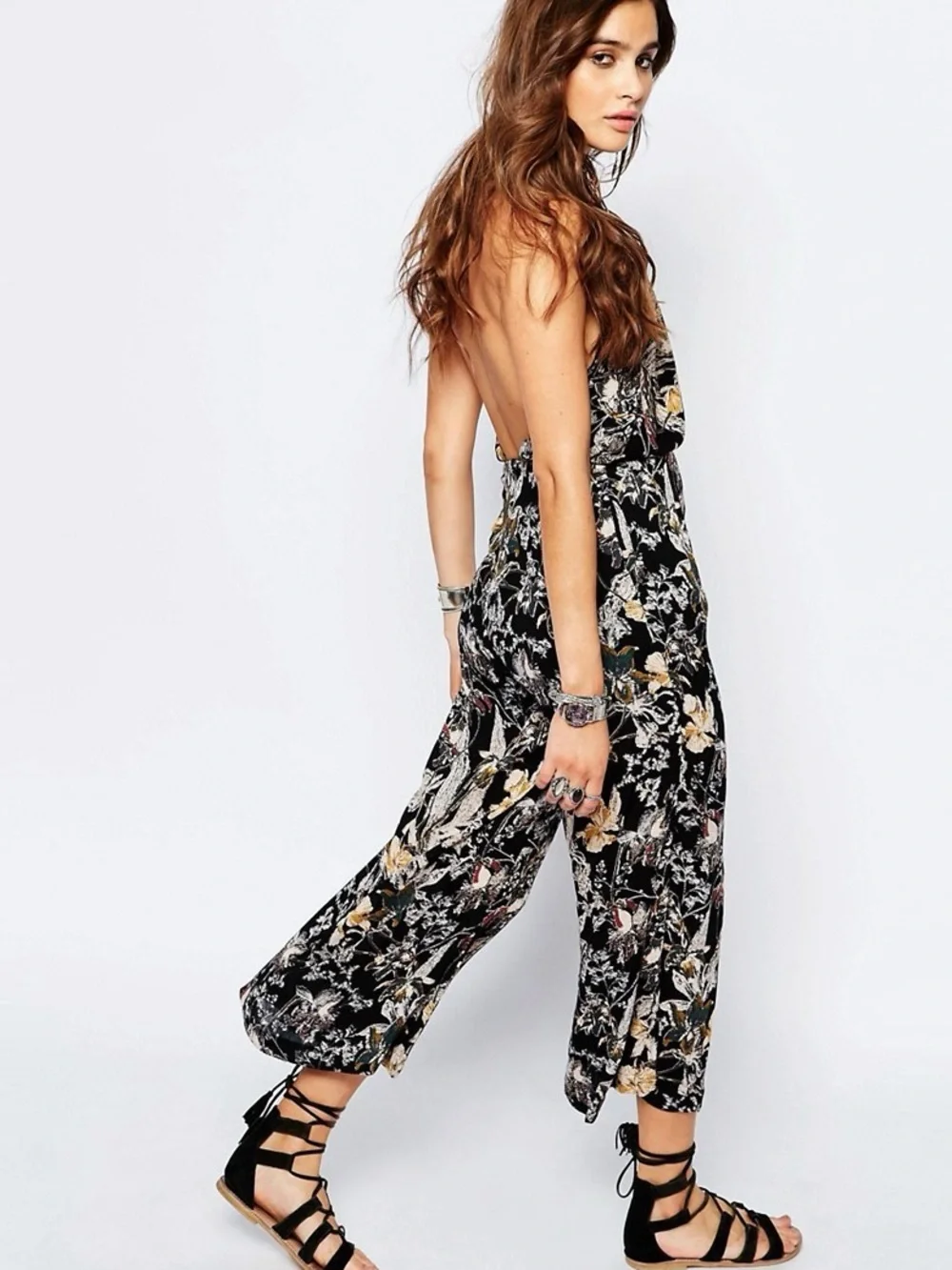 Free People Jumpsuit Womens 6 Twisted Halter Floral Boho Beachy Whimsy One Piece
